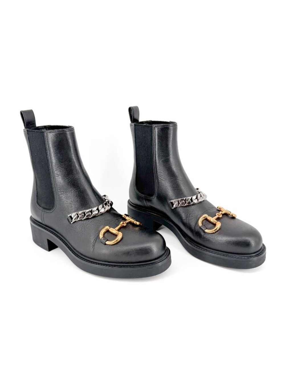 Gucci Deva Horsebit Chain Chelsea Boots Black Leather Size 39.5 US 9.5 Women’s